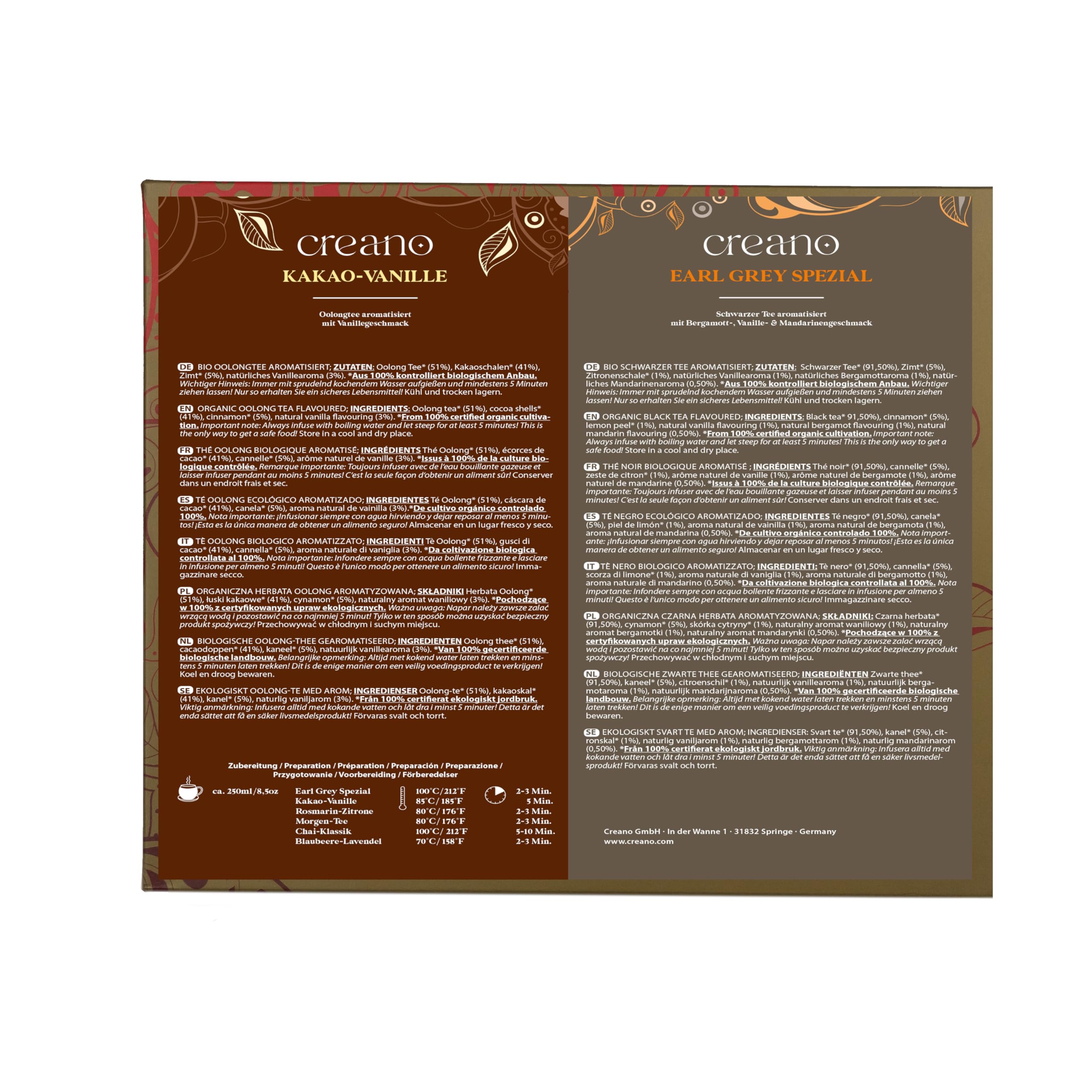 Zestaw prezentowy herbaty organicznej Creano – 24 torebki herbaty organicznej w 6 pysznych wariantach – herbata zielona, herbata biała, herbata czarna i herbata oolong – 48 g*
