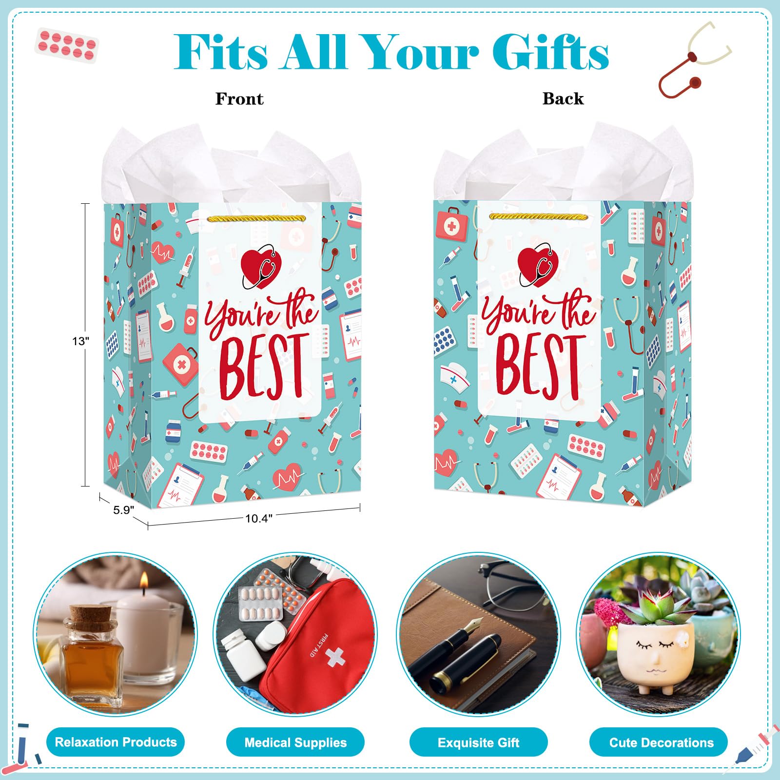 FaCraft Nurse Graduation Gifts Bag - 13" Large Nurse Gift Bags with Tissue Paper for Women Men New Nurses Nursing School Graduation Gift for Her Him Graduates New Nursing Student Medical School Party