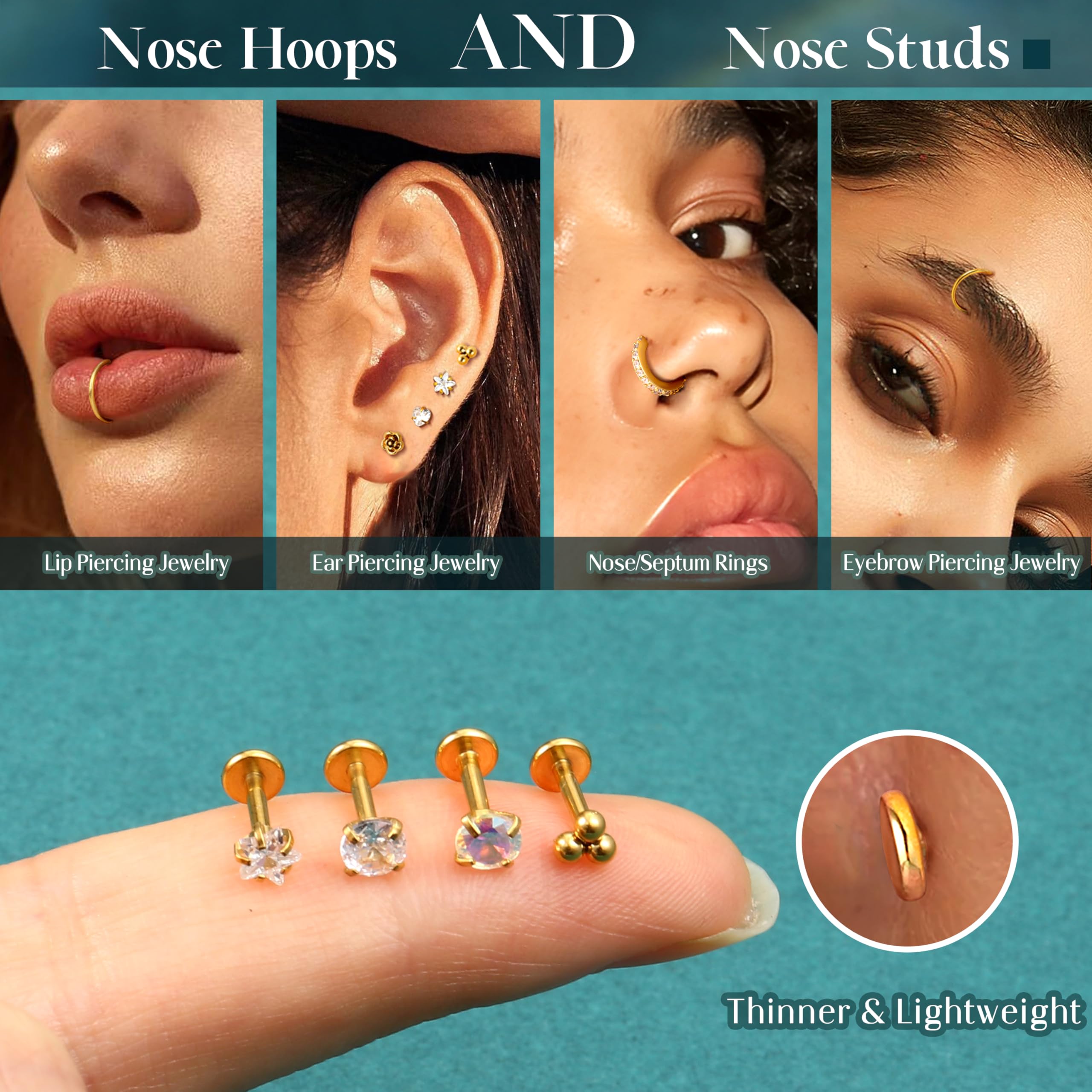 HHRFCS 16G Piercing Helix Biżuteria Gwintowany wkręt do nosa Labret Szpilki Kolczyk w nosie Kolczyki z płaskim tyłem Stal chirurgiczna Helix Hoop Muszla Daith Lip Piercing Tragus Srebrne Złoto