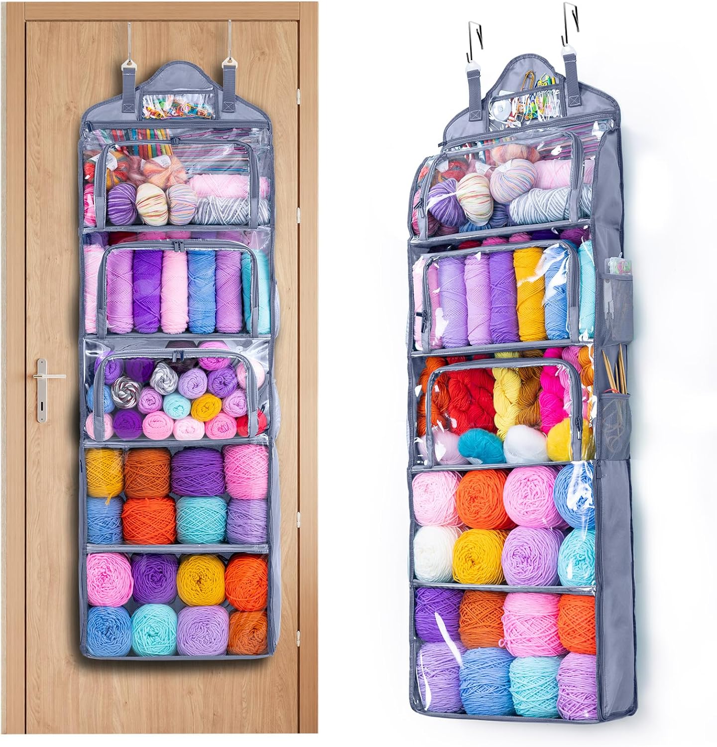 MYBAGZING Hanging Yarn Storage Organizer –Over-the-Door Crochet Organizer with Both Front and Side Zipper Closure -Large Capacity Clear Yarn Holder for Crochet Hooks, Knitting Needles & Accessories