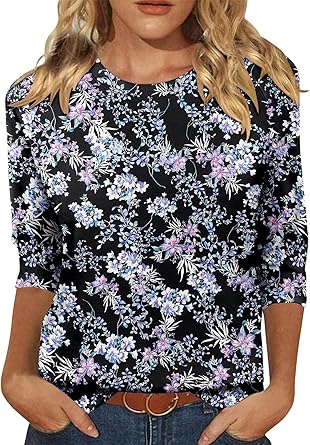 KISSMODA Tunic Tops for Women Loose Fit Dressy Round Neck Pleated 3/4 Length Sleeve Spring Tops