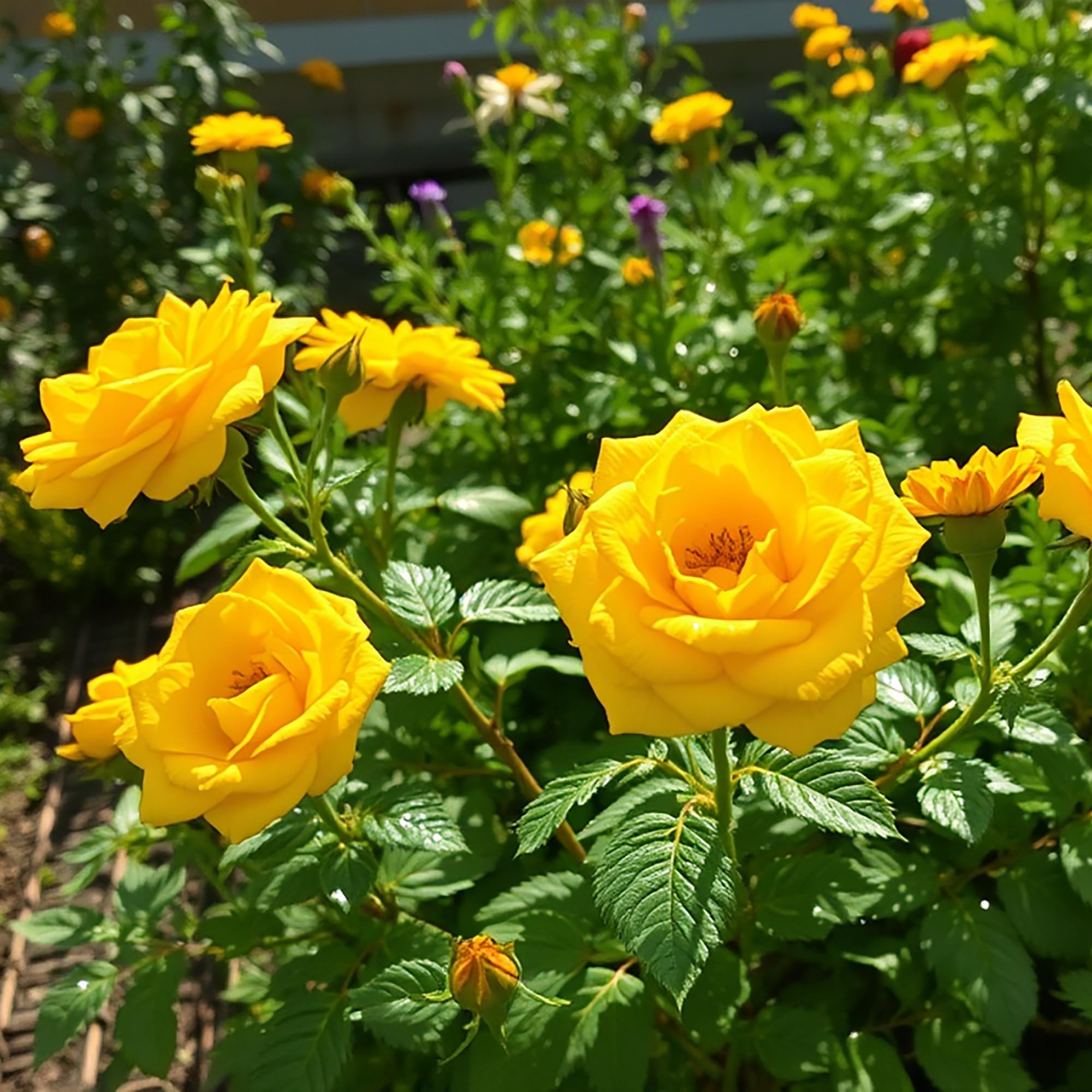 Rosier jaune à racines nues rustiques « Sunshine Lady » - Fleurs parfumées pour haies de jardin, treillis, allées et arbustes à fleurs