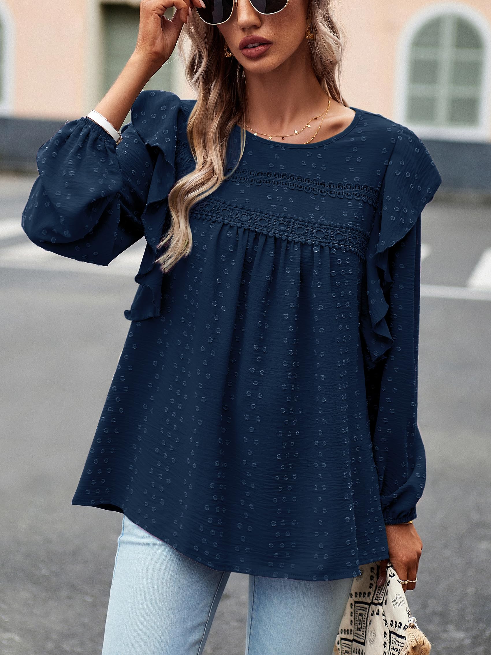 Blusas Túnicas para Mujer Elegante Mangas Volantes Swiss Dot Encaje Frente Plisado Streetwear Cuello Redondo Blusa Camisera