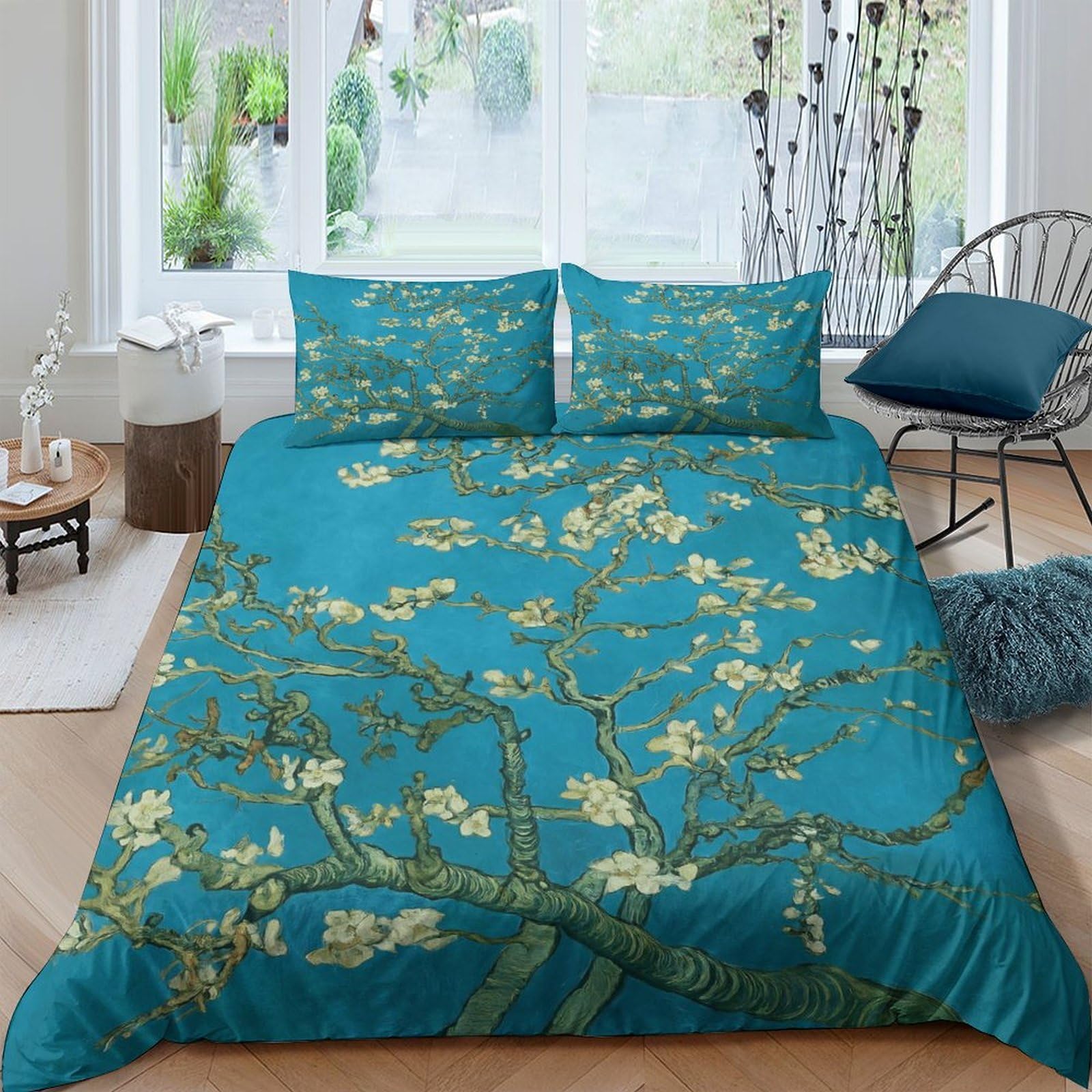 GPLZQXKJNH 3D Printed Almond Blossom Duvet Cover Microfiber Soft Breathable Turquoise Flower Bedding Set with 2 Pillowcases for Bedroom Décor Single（135x200cm）