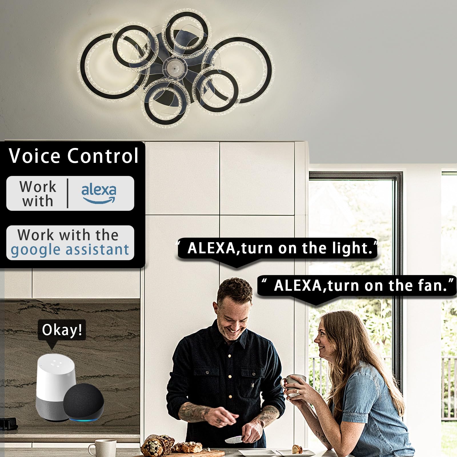 Smart Schlafzimmerlampe Mit Ventilator Kompatibel Mit Alexa Und Google Home,Deckenlampe Mit Ventilator Leise Mit Fernbedienung,76cm Deckenventilator Mit Beleuchtung Winterbetrieb-White