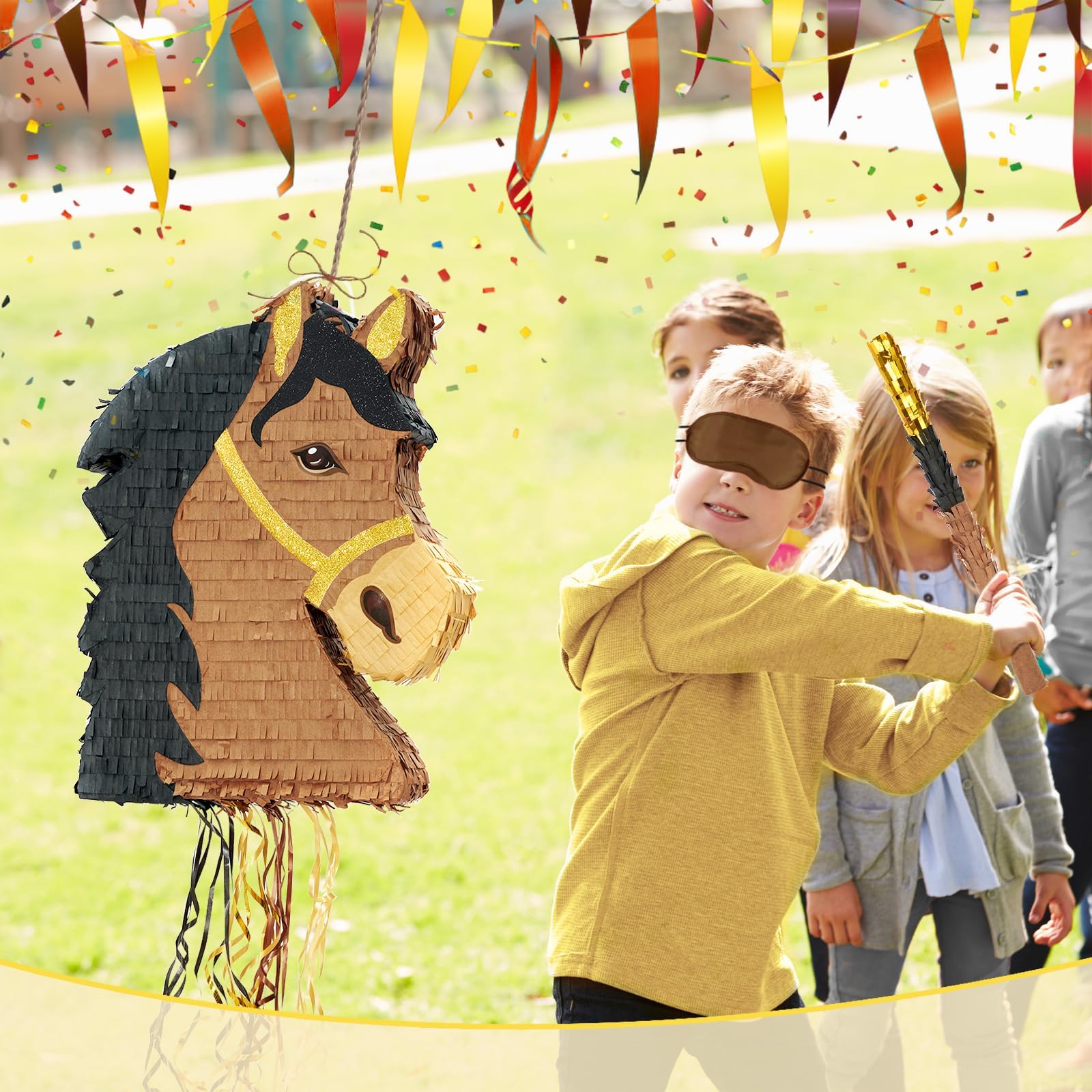 WERNNSAI Piñata cheval – Décoration d'anniversaire pour garçon et enfant Tête de cheval avec bâton Bandeau pour les yeux Décorations de fête d'anniversaire Cowboy Westworld Party Piñata Jeux