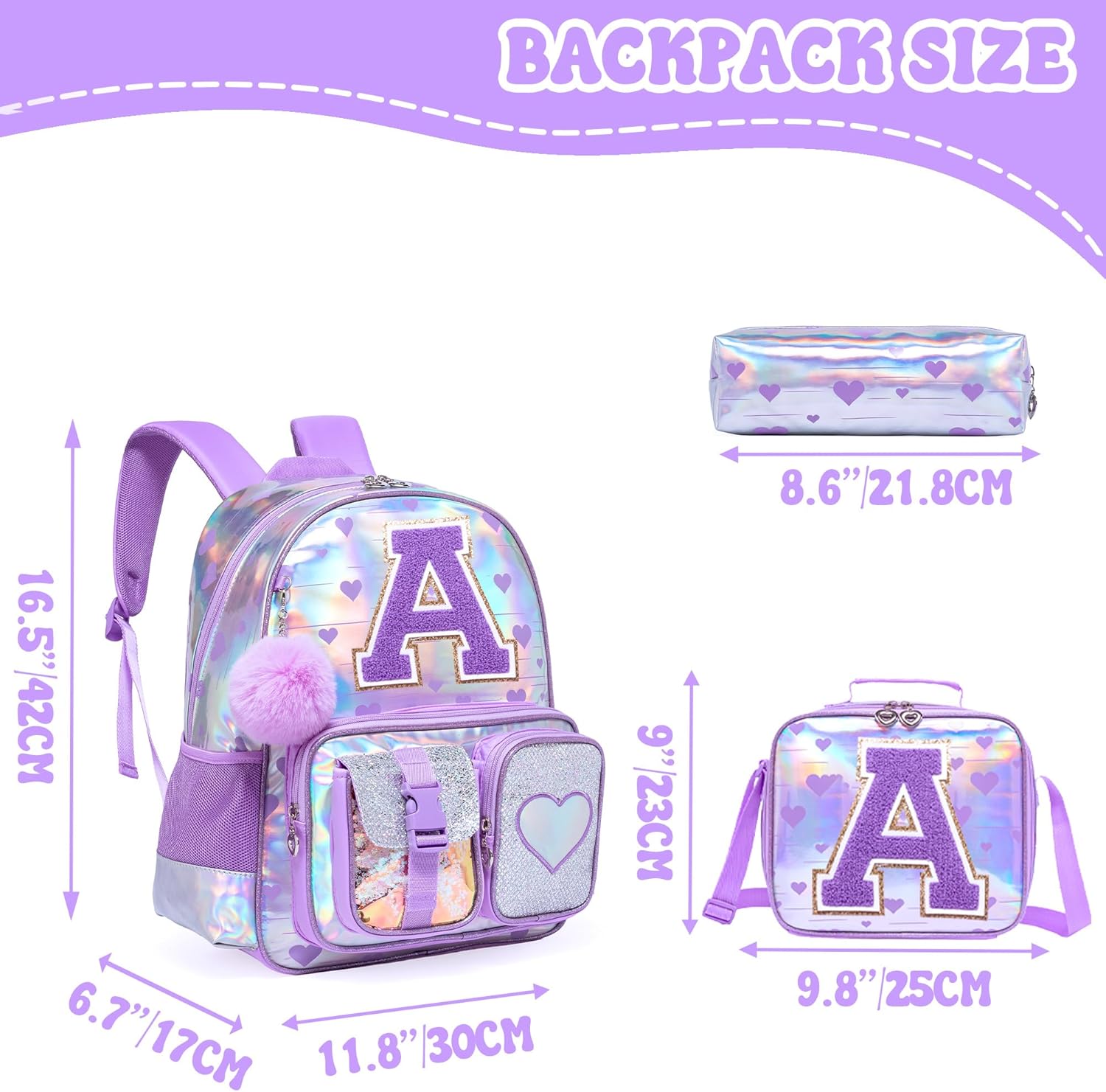 HTgroce Backpack for Girls Elementary Bookbag for School Backpack Set Girls Personalize Letter A Preschool Book Bag with Lunch Box Pencil Case
