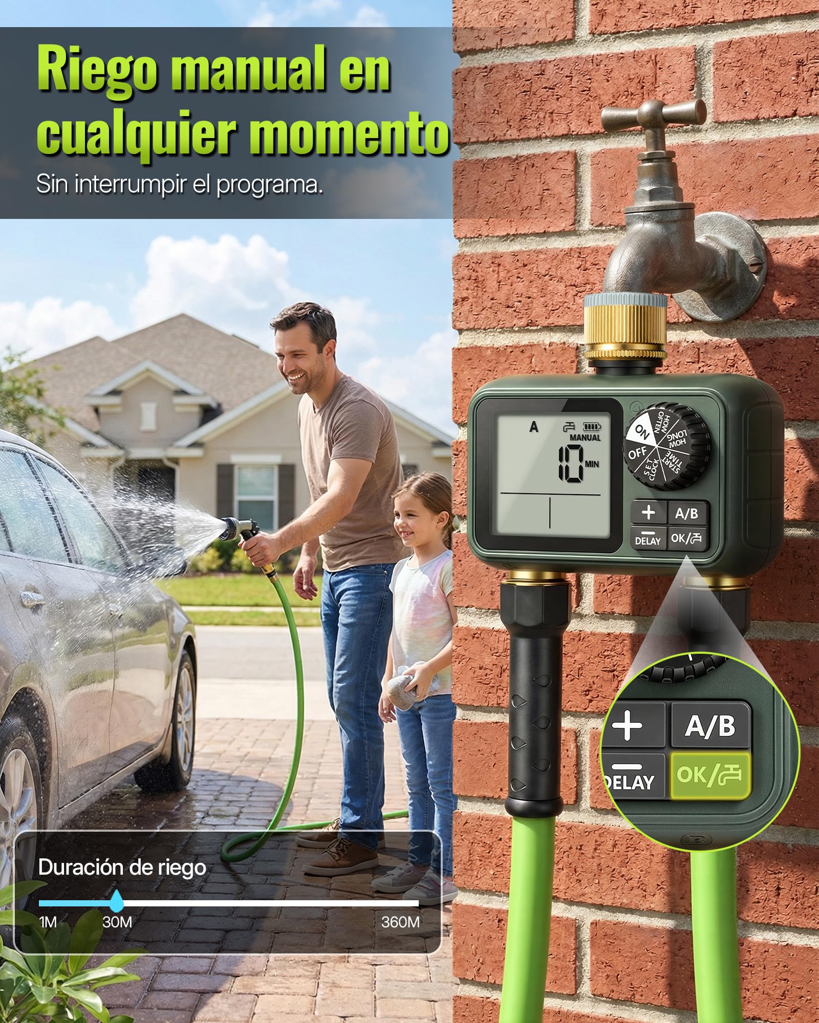 2 Valve Irrigation Programmer, Automatic Irrigation Computer, Timer for Garden Hose Tap, Rain Delay Function, Patio and Lawn, Dark Green - 4