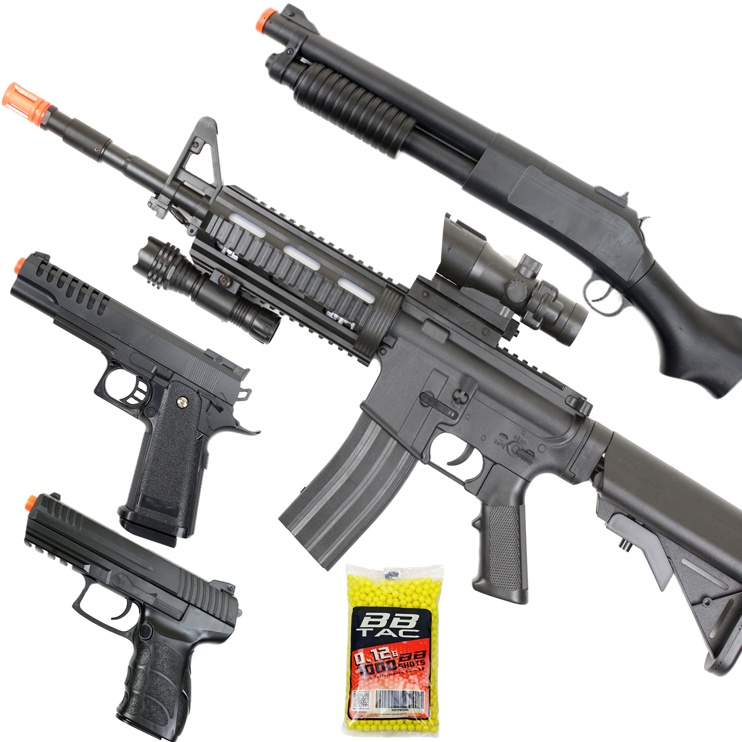 BBTac Airsoft Package Striker Airsoft Rifle Gun, Pump Action Shotgun, Pistols and BBS, Ready to Play Starter Set Loadout