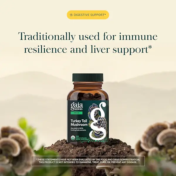 Gaia Herbs Turkey Tail Mushroom - Traditional Immune Support & Liver Health Supplement* - with Organic Turkey Tail Mushroom Fruiting Body Extract - 120 Vegan Capsules (120 Servings) 3