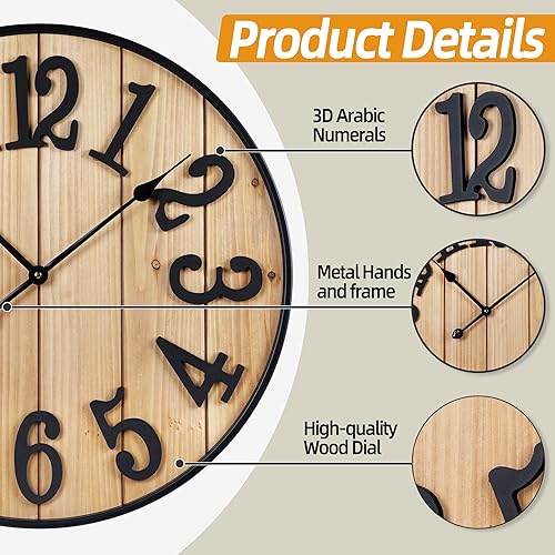 Miniatura 2 de Reloj de pared grande de 30 pulgadas, reloj de pared silencioso de metal estilo madera, funciona con pilas para decoración de sala de estar, reloj