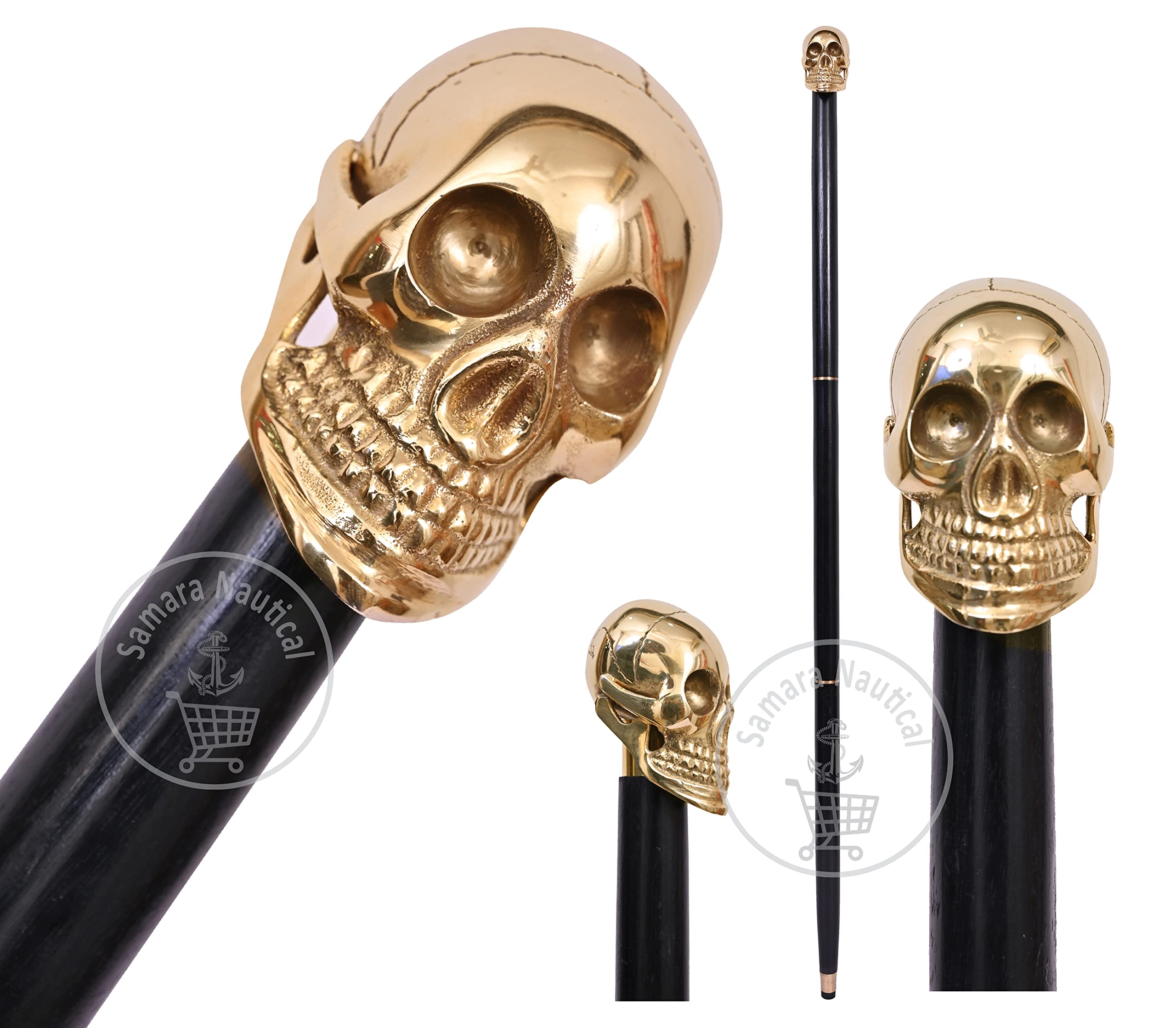 Samara NauticalSafa Full Brass Head Skull Design Cane Black Wooden Stick Vintage Gift for Men Gift