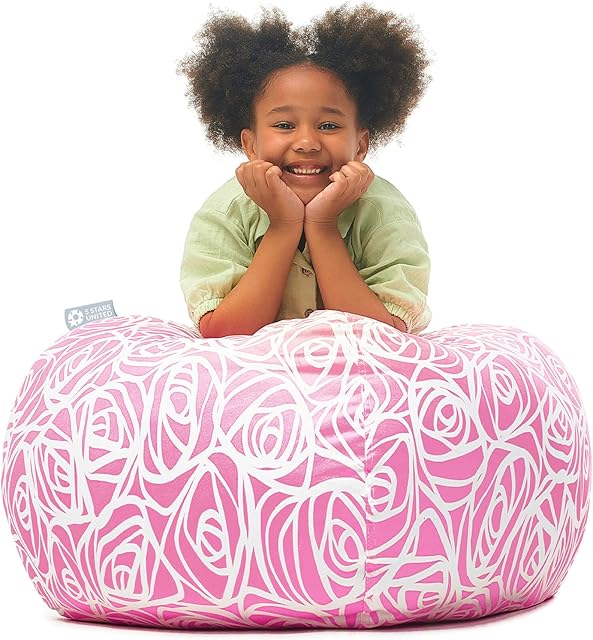 5 STARS UNITED Kids Bean Bag - COVER ONLY - Stuffed Animal Storage - Beanbag Chairs for Kids - 90+ Teddy Plush Toys Holder and Organiser for Girls - 100% Cotton Canvas - Pink Roses