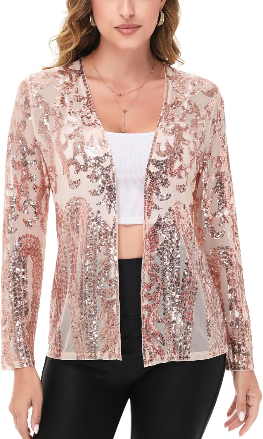 Anna-Kaci Women's Sparkly Sequin Cardigan Long Sleeve Open Front Glitter Party Evening Jacket