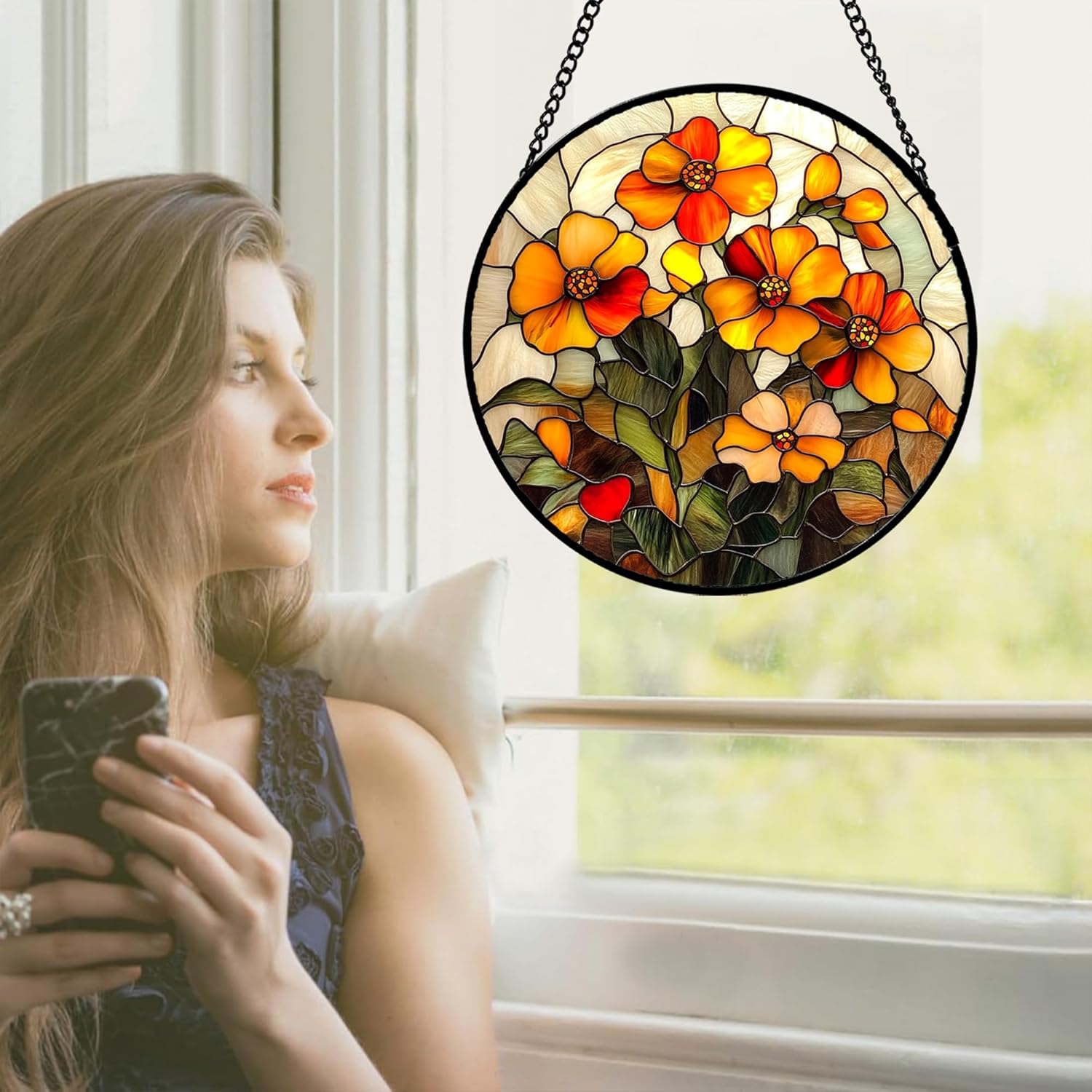 Stained Glass Window Hanging - Orange Marigolds Flowers Suncatcher for Door Garden Yard Sun Catchers Decor Christmas Mother's Day Birthday Gifts for Women Mom Nana Girlfriend Men 7.8 in