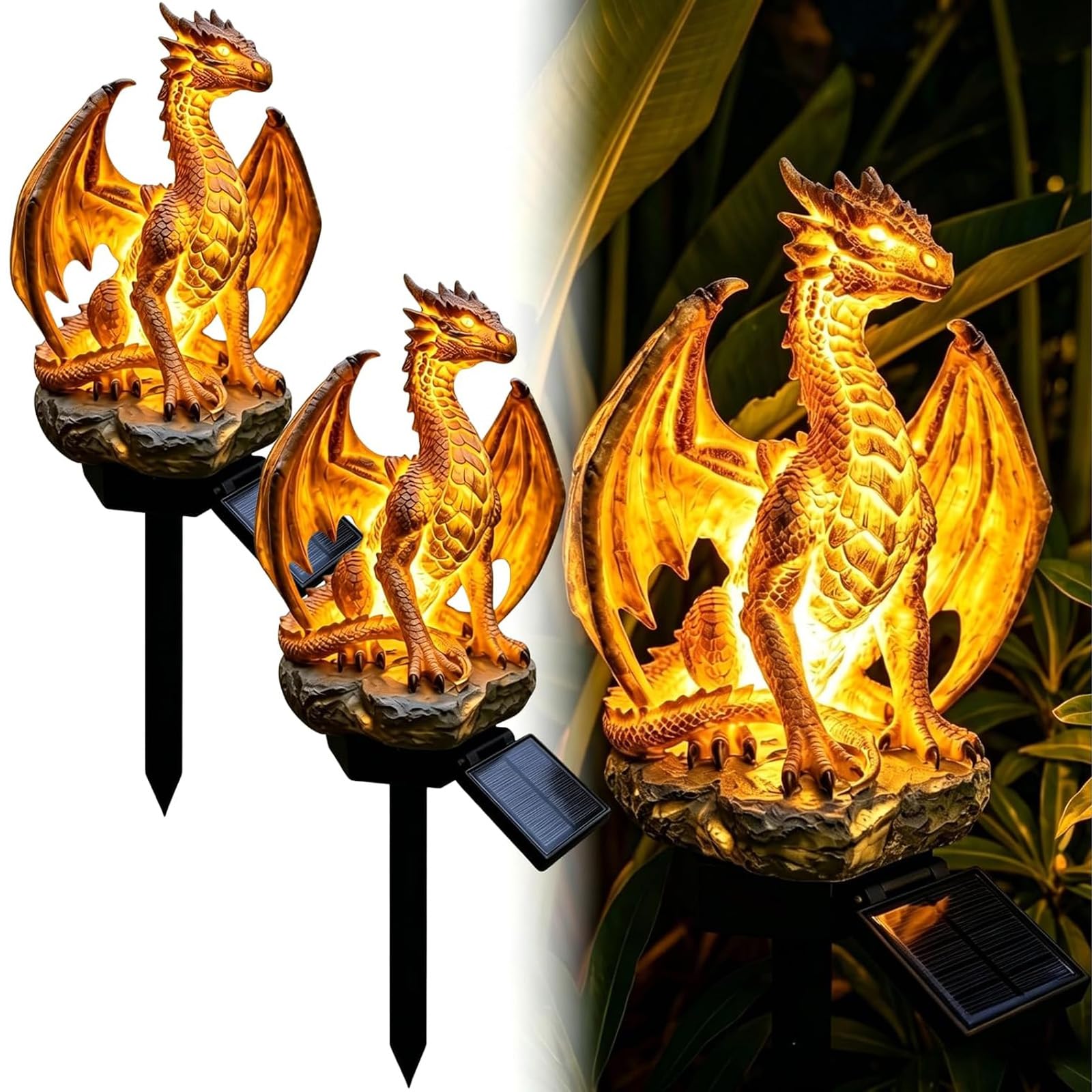 Pealeaf Dragon Solar Lights Outdoor Garden Ornament, Waterproof Resin Solar Dragon Stake Light with Auto On Off Warm Glow, Fantasy Garden Decor for Lawn Patio Pathway Yard (#A,2PCS)