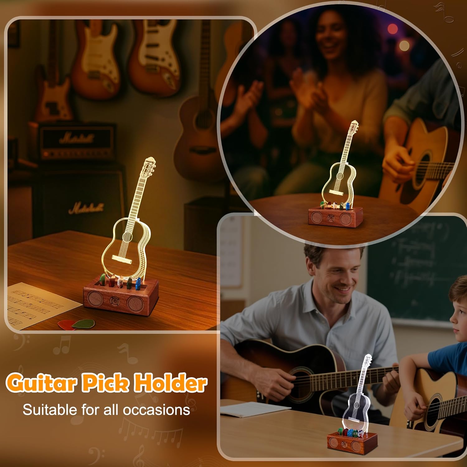 CoolGift Mart Light Up Guitar Pick Holder, Acrylic Acoustic Guitar Pick Holder with Vintage Audio Modeling Wooden Base for Picks Storage and Display, Gift for Guitar Players Guitarists