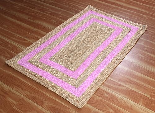 Miniatura 4 de Collection - Alfombra rectangular de 2 x 3 pies, alfombra trenzada de yute rosa, alfombra geométrica kilim para interiores y exteriores, alfombra de