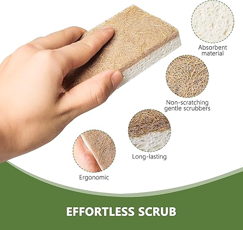 Miniatura 6 de SAMEBUTECO Juego de 12 esponjas de cocina de celulosa natural y nuez de coco para cocinas espumosas, esponjas de platos para suciedad de cocina