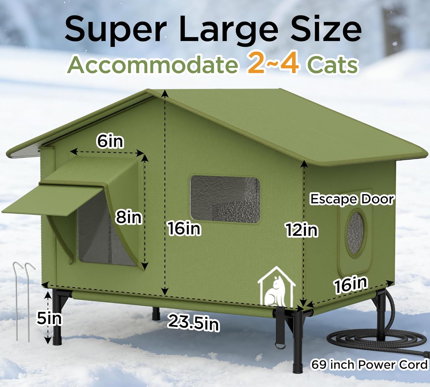 Extra-Large Heated Outdoor Cat House Shelter – Weatherproof & Insulated Feral Stray Cat Shelter with Safe Heating Pad, Elevated Waterproof Winter Outside Cat Home with Escape Door– Green