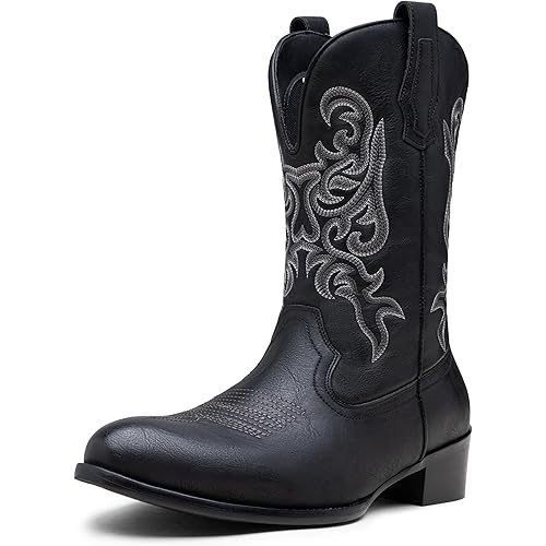 Jousen Cowboy Boots For Men Round Toe Western Slip Resistant Pull on Boot Retro Short Botas