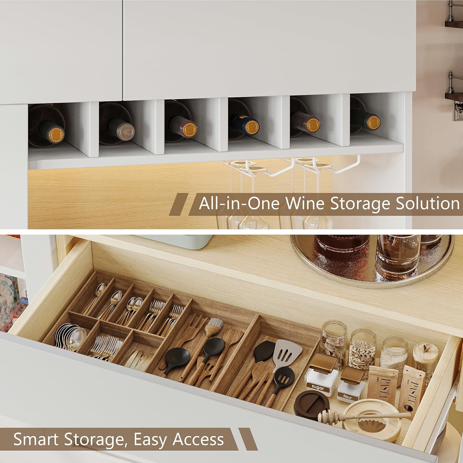 iPormis 69" Tall Kitchen Pantry Storage Cabinet with LED Light & Outlet, Kitchen Hutch with Microwave Stand & Glass Door & Wine Rack & Adjustable Shelf, Coffee Bar Hutch with Countertop,White