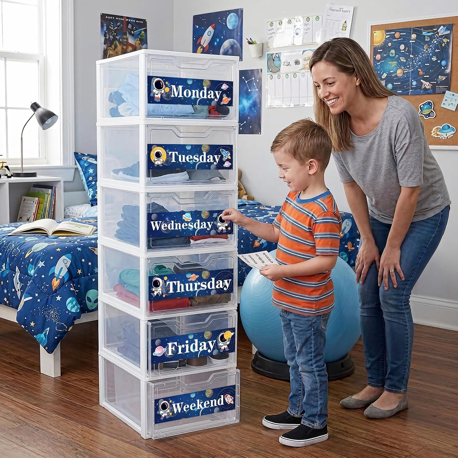 36 Pcs Days of The Week Stickers, Large Monday to Friday with Weekend Labels Classroom Rolling Cart Stickers, Waterproof Back to School Space Astronaut Weekly Organizer Decals for Kids