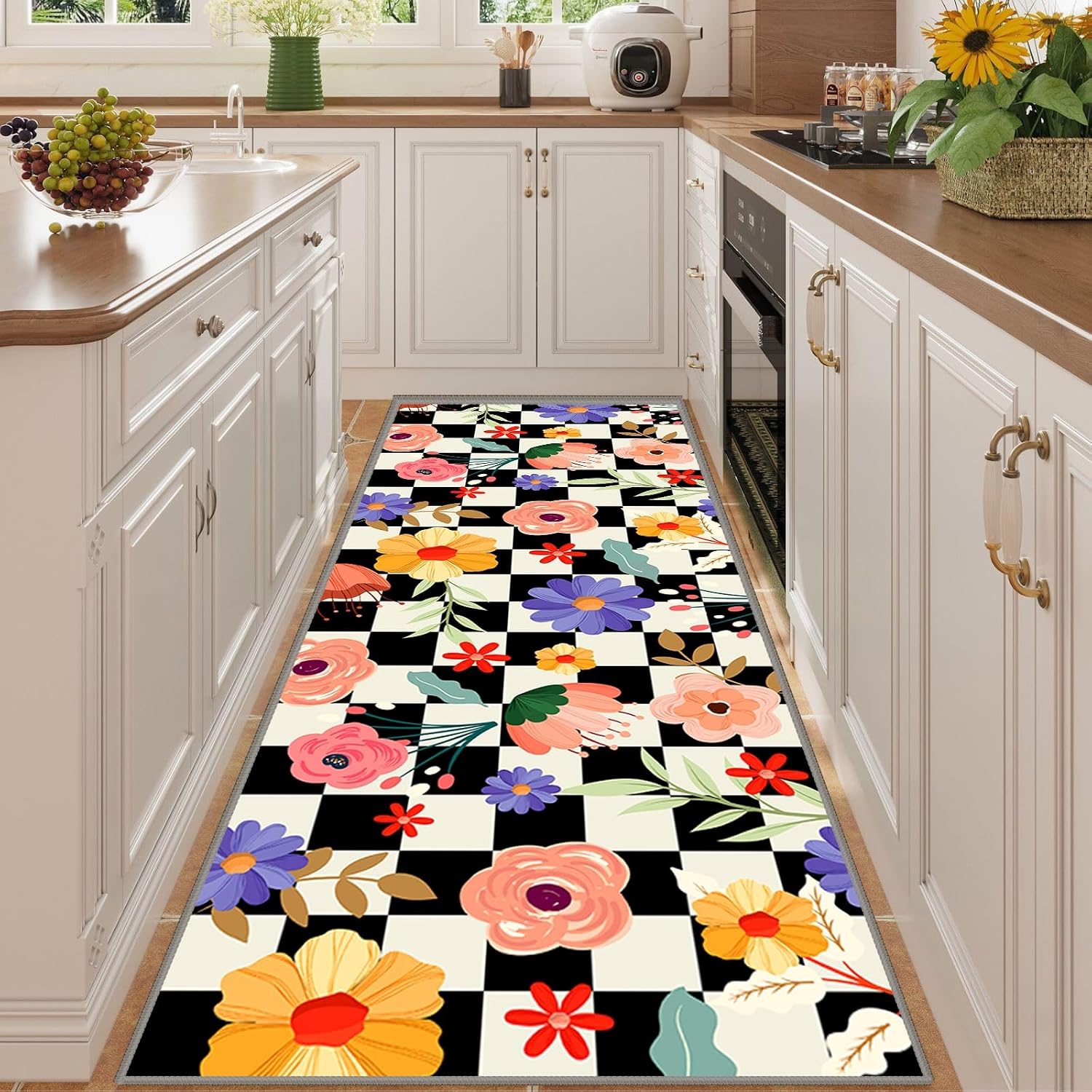 Floral Kitchen Rugs, 2x10ft, Black White Buffalo Check Boho Flowers Print Area Rug for Bedroom, Durable Soft Non-Slip Carpet, Rubber-Backed Reduce Noise Machine Washable Mats for Family