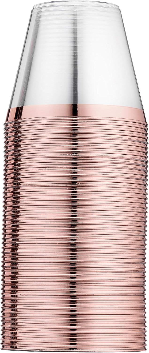 Munfix 100 Rose Gold Plastic Cups 9 Oz Clear Plastic Cups Old Fashioned Tumblers Rose Gold Rimmed Cups Fancy Disposable Wedding Cups Elegant Party Cups with Rose Gold Rim