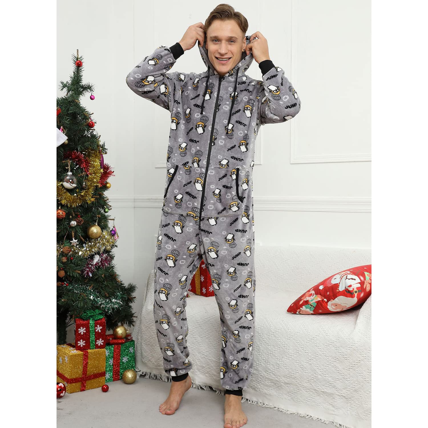 Pijama Navidad Una Pieza Hombre Franela Pijamas Mono Entero con Capucha Manga Larga Invierno Calentito Jumpsuit Adulto Onesie Ropa de Casa Dormir Paracaídas Pingüino Gris L