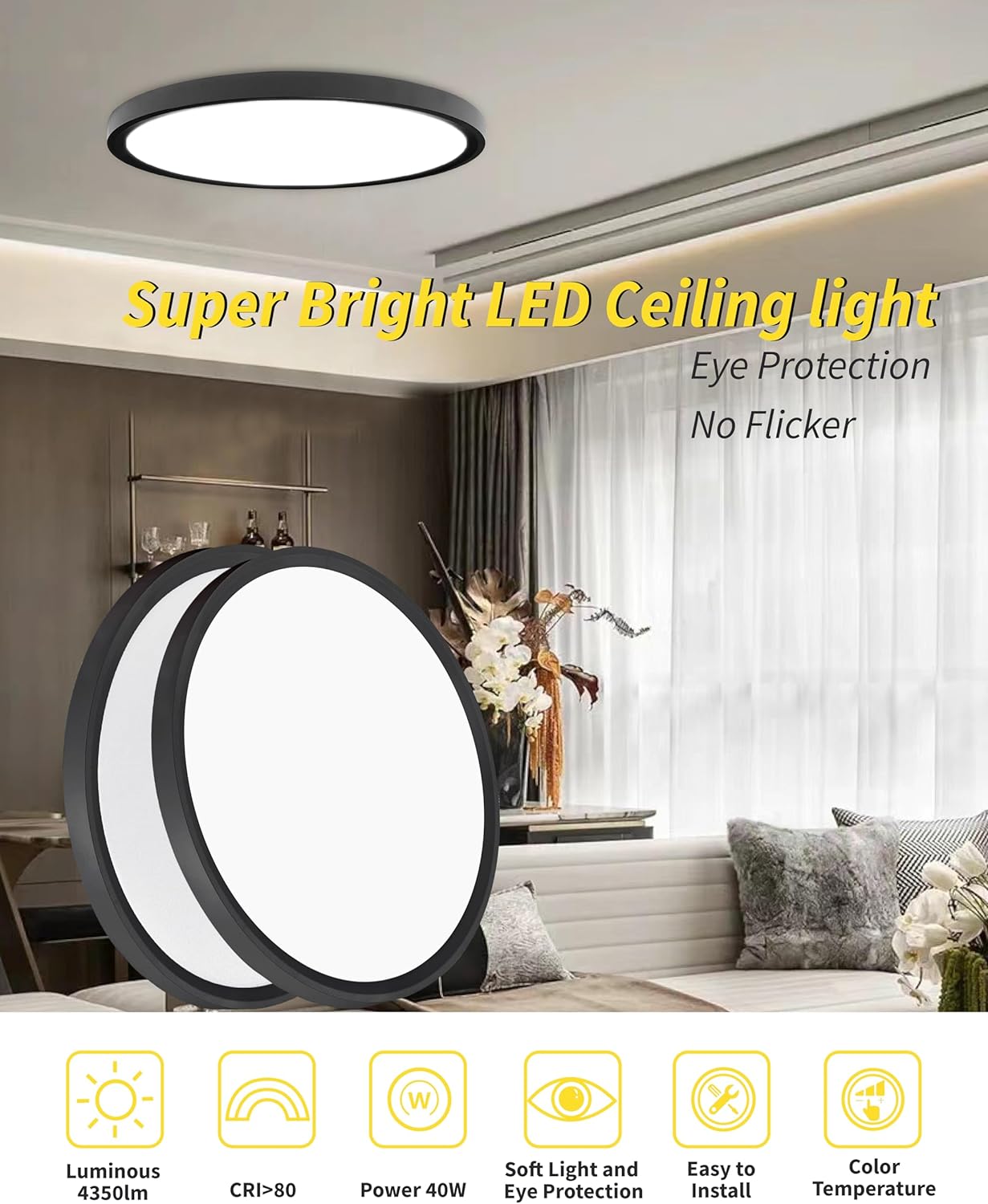 1Pack 20 Inch Large LED Flush Mount Ceiling Light, 40W,4350LM, 3000K/4000K/6000K CCT Selectable,Black Round Flat Panel Light Low Profile Ceiling Light Fitures for Hallway, Kitchen, Bedroom, Office