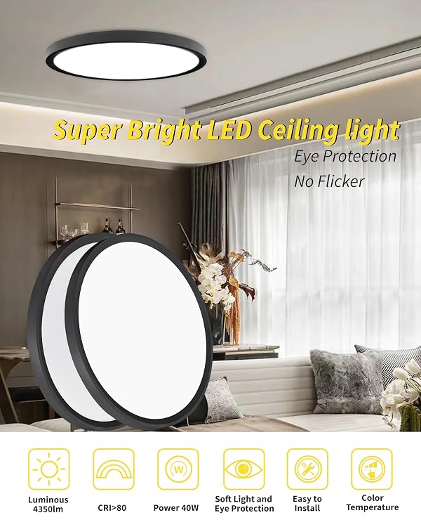 LED Flush Mount Ceiling Light Fixture,Round 20Inch 40w 4350lm 3000k,4000k,6000k CCT Selectable, Modern Flat Panel Super Slim Led Ceiling Light,for Living Dining Kitchen Bedroom Room (1Pack-Black) by Bright Future Lighting - Image 2