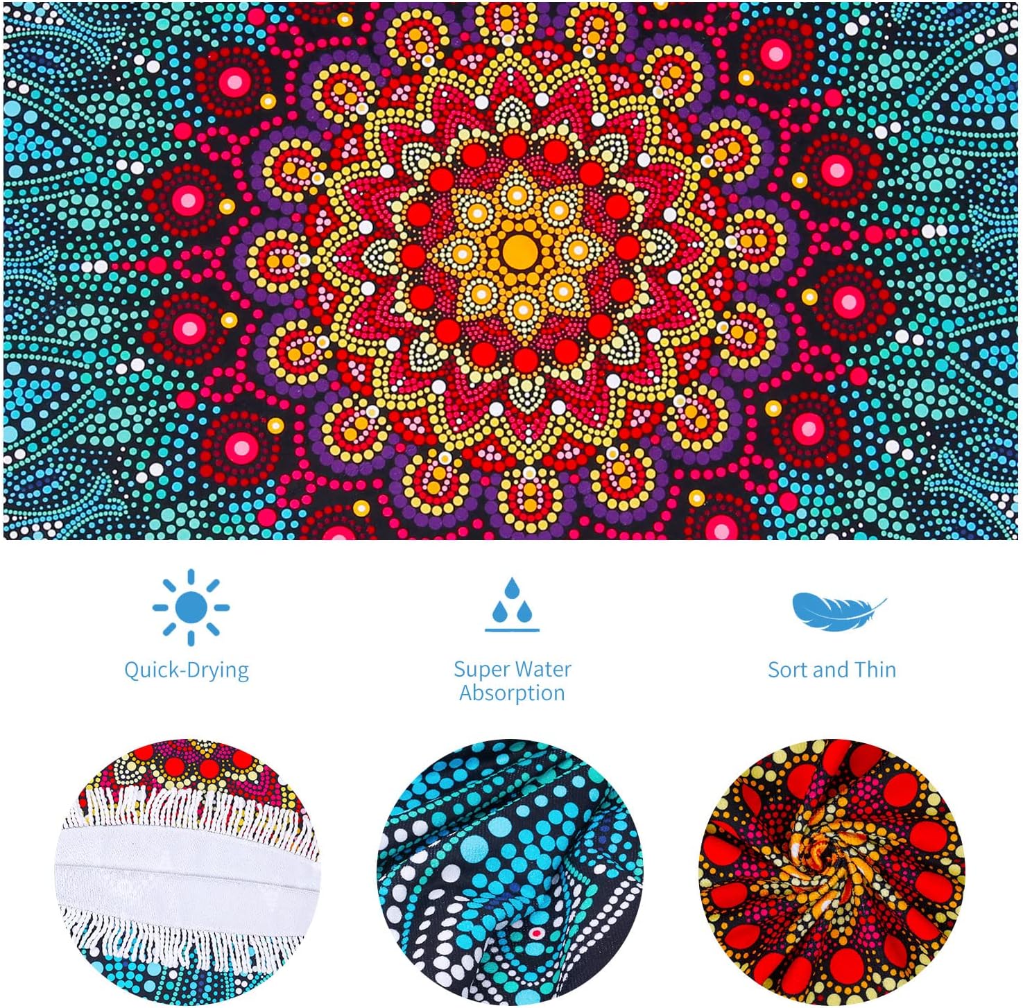 LIVILAN Round Boho Mandala Beach Towel for Women, Microfiber Soft Cute Beach Towel, Circle Beach Blanket Hippie Gifts Bohemian Decor, 59”Quick Dry Sand Free Mandala Tapestry with Tassels