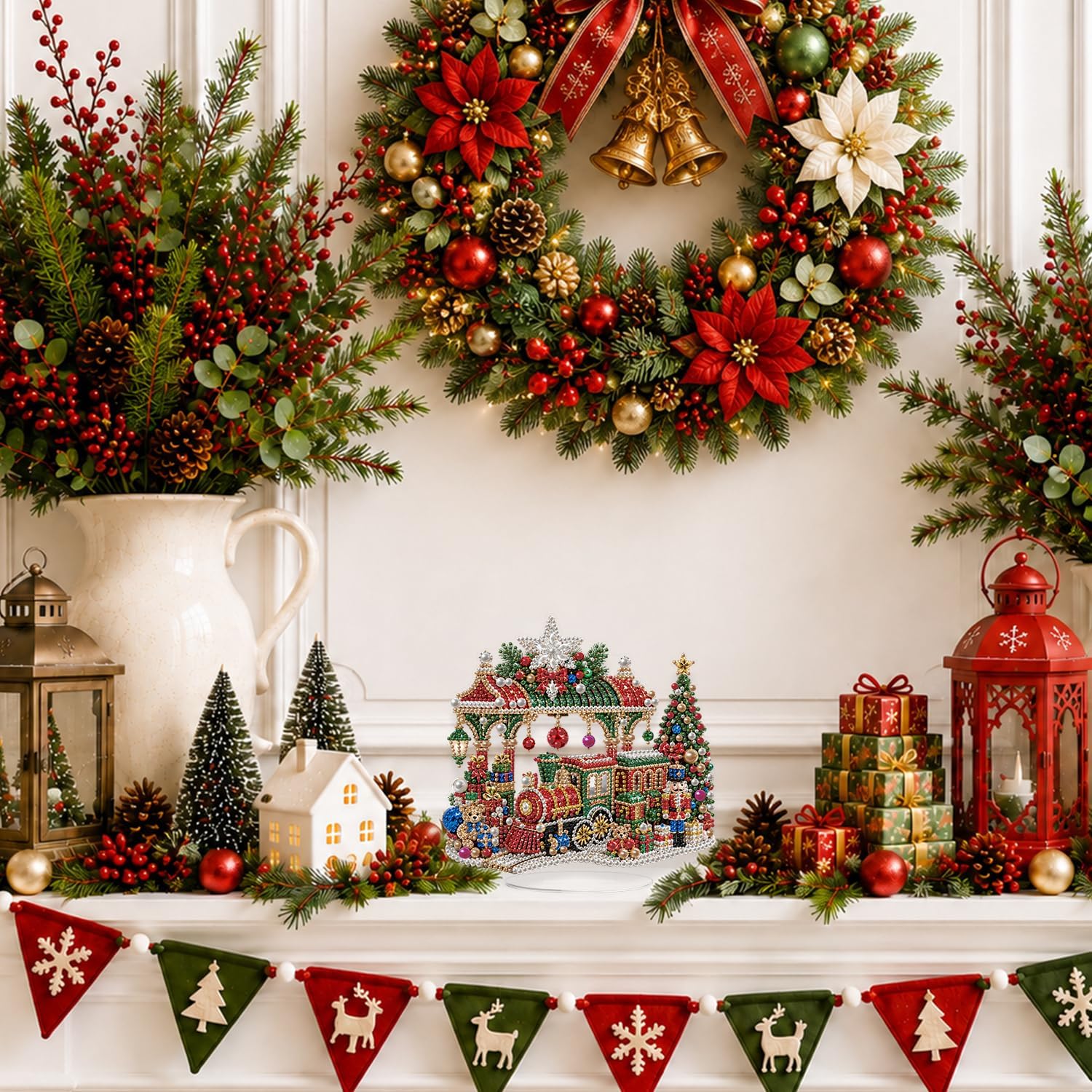 Eiflow DIY Pearl Art Kit for Adults Christmas Train, Tabletop Pearl Diamond Art Painting with Stand, Acrylic Stand Up Gem Painting Board Kit