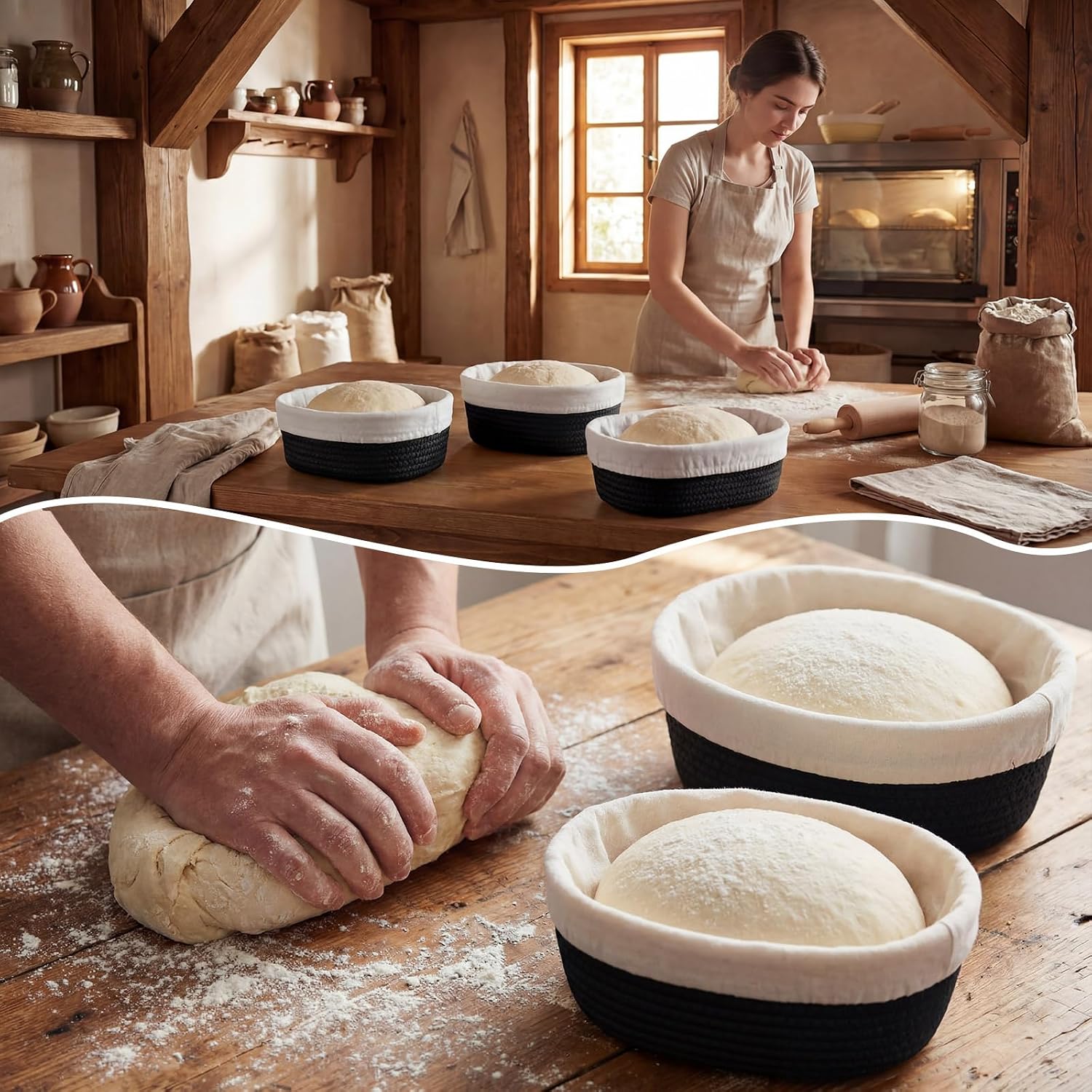 4 Pcs 10 Inch Bread Proofing Basket Set Cotton Rope Oval Banneton Basket Sourdough Bread with Liners Covers for Baking Supplies (Black)