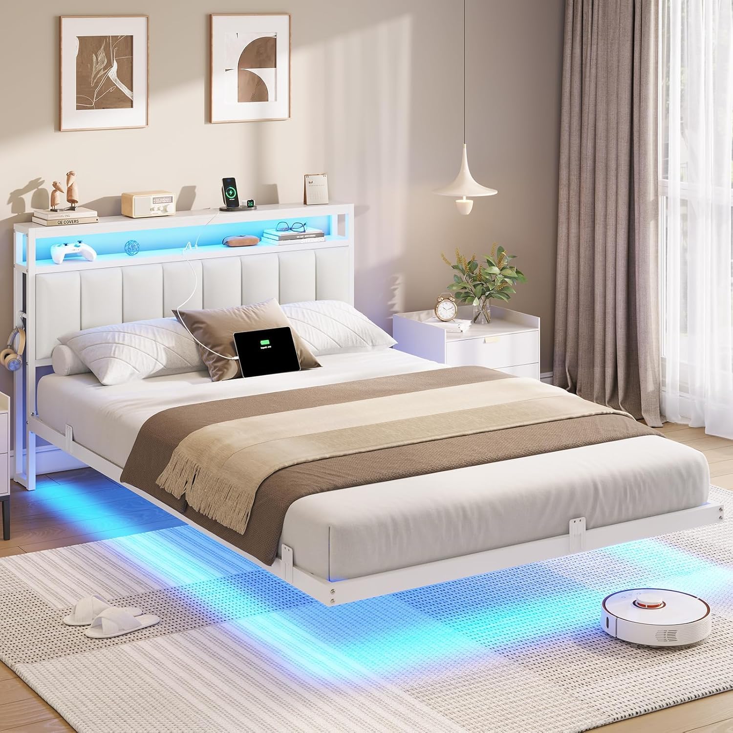 AOGLLATI Cama 140 x 190 cm con Iluminación LED y Estación de Carga, Camas Matrimoniales con Cabecero Tapizado en PU, Cama Matrimonio con Espacio de Almacenamiento, Diseño Visual Flotante, Blanco