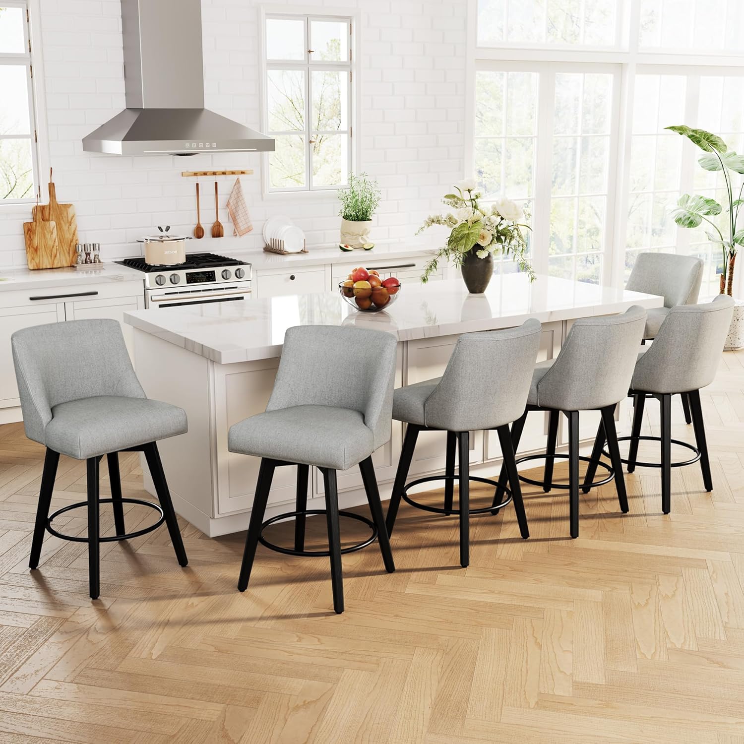 Counter Height Bar Stools, Upholstered Swivel Barstools Set of 3, Fabric Kitchen Counter Stools with Back, Solid Wood Legs, 26" Seat Height, Kitchen Island, Home Bar, Fog Grey