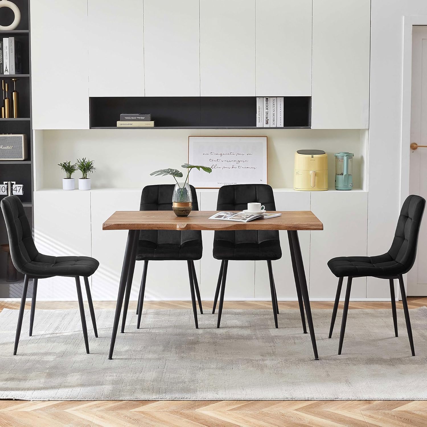 Rectangular Dining Table Set with Upholstered Chairs - Modern Kitchen Table and Chairs Set of 4 for Small Spaces - Black
