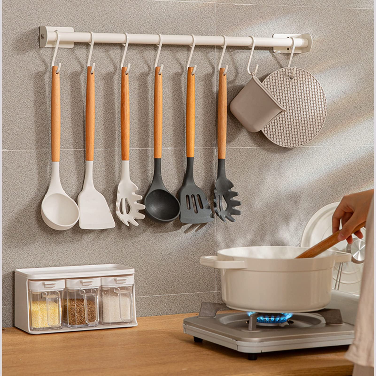 Étagères de Cuisine, Organisateur de Rail de Cuisine, Casseroles Et Casseroles Rails de Rack, Cintres D'Ustensile, Avec Crochet Mobile, Mur, Pour Les Spatulespendues Outils À Mesurer Les Cuill