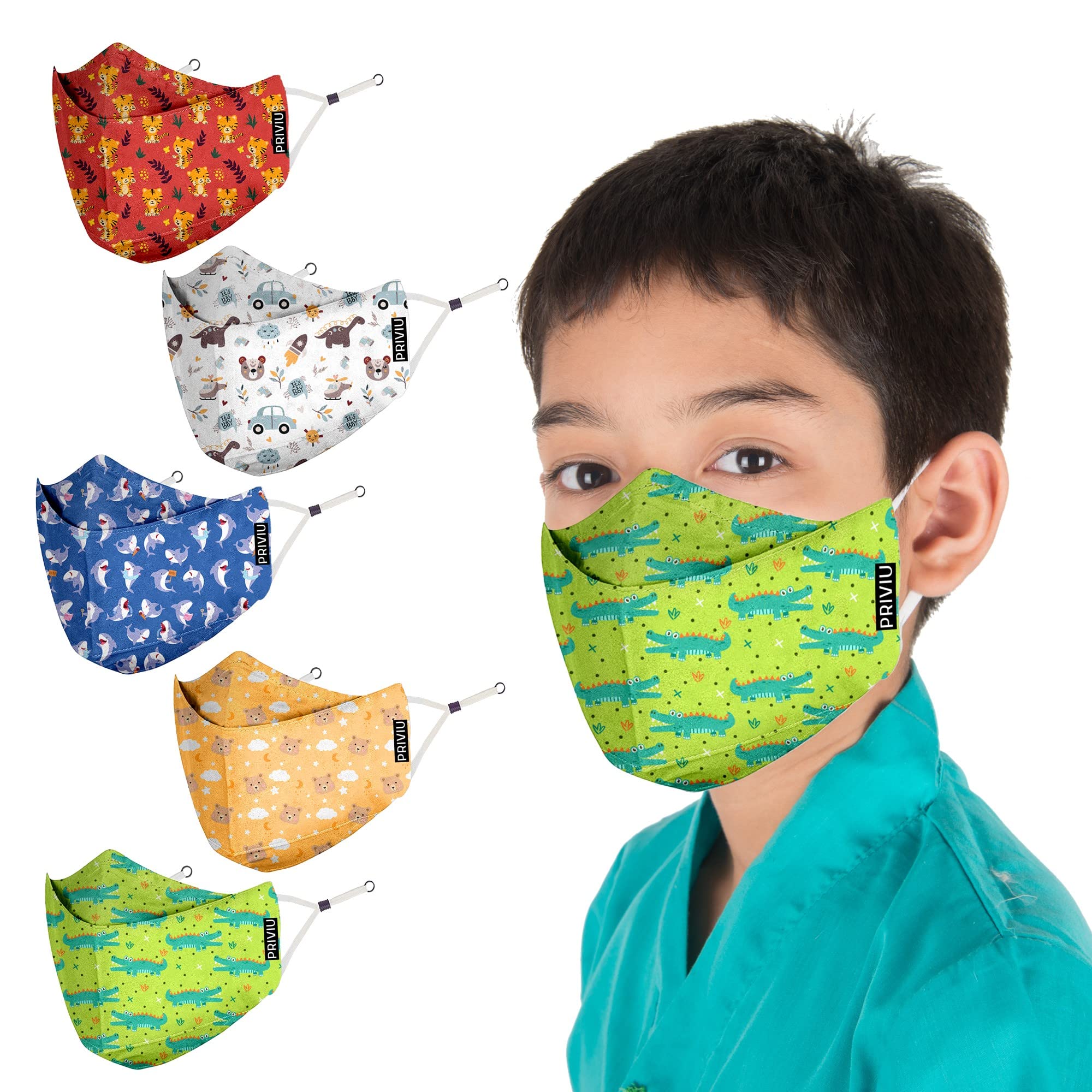 Masks for kids, 3 To 8 Years, Washable Resuable, SMMS Filter 3D Super Breathable Face Mask with Adjustable Ear Loop, 100% Cotton Inner Fabric for Comfort (5 Count (Pack of 1))(A. Pack of 5)