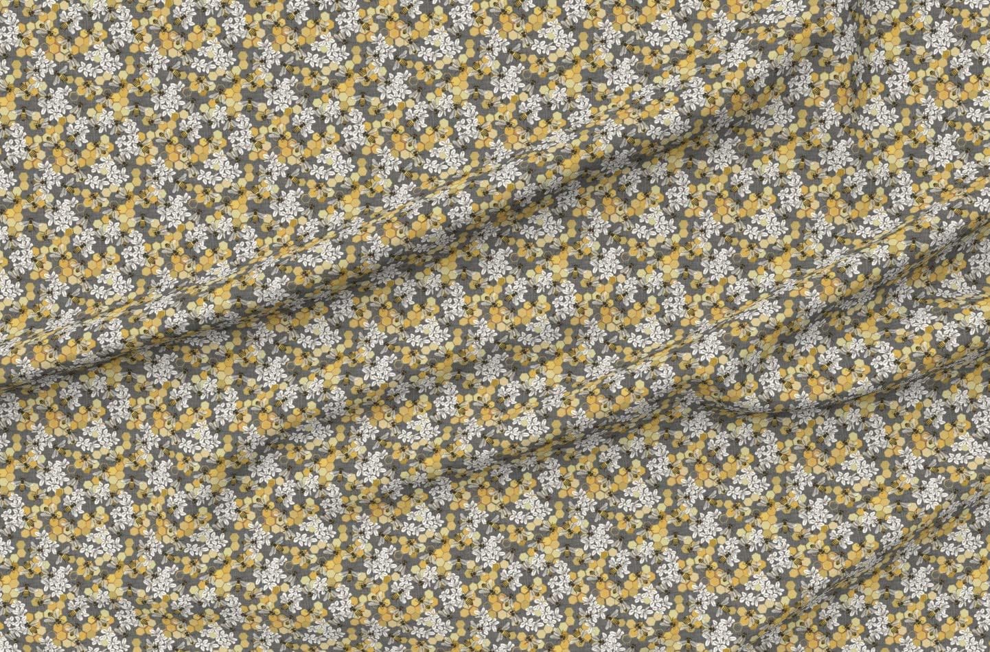 Spoonflower Fabric - Honey Bees Grey Small White Yellow Floral Nature Modern Spring Printed on Petal Signature Cotton Fabric Fat Quarter - Sewing Quilting Apparel Crafts Decor