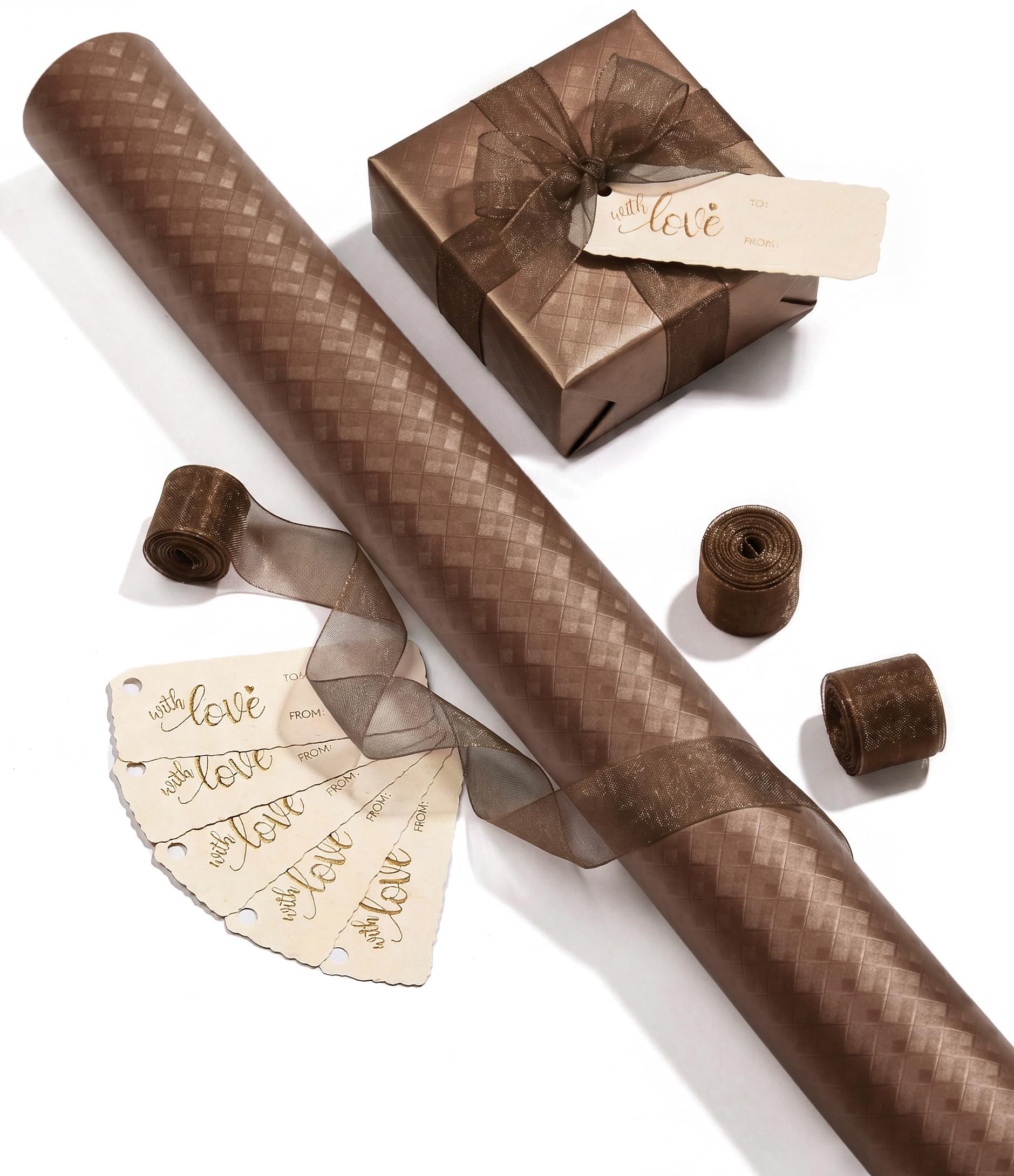 Vitalizart Lot de papier cadeau en treillis métallique marron 76 cm x 5 m avec ruban en organza blanc et étiquettes cadeaux, emballage cadeau pour Noël, anniversaire, fête prénatale, bouquets de