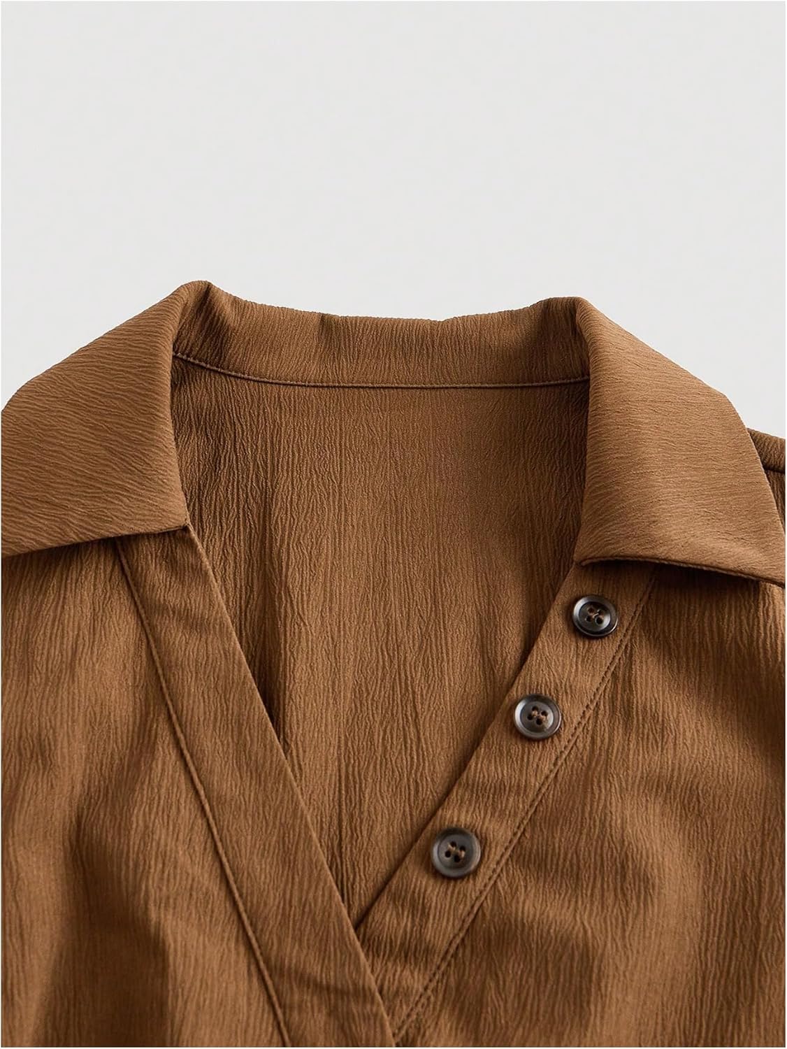 MakeMeChic Women's V Neck Ruched Blouse Tie Back Button Long Sleeve Business Crop Tops - Image 3