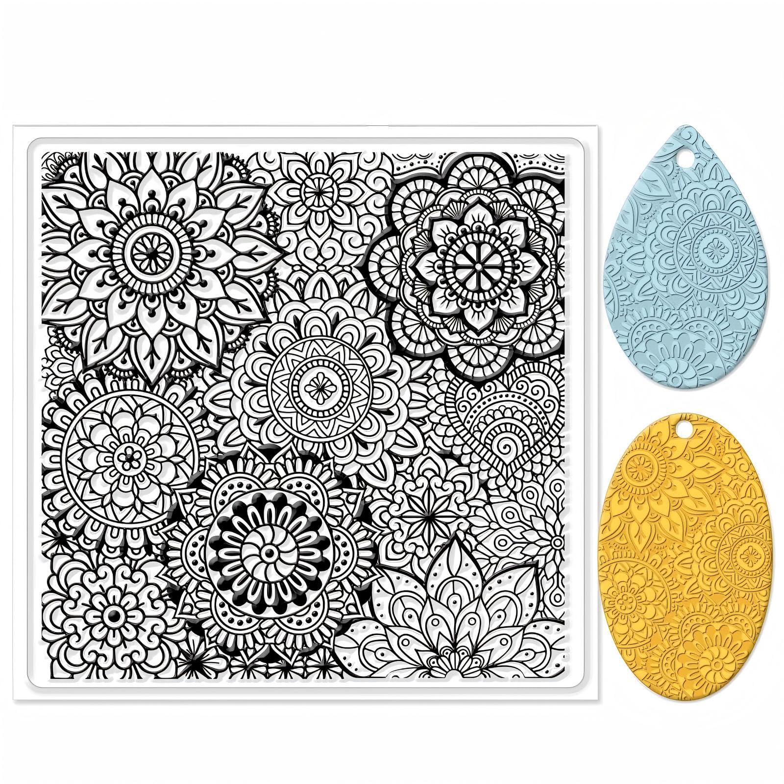 CHGCRAFT Polymer Clay Textures Sheets Mandala Silicone Texture Stamp Clear Clay Silicones Texture Sheets Polymer Clays Texture Silicone Mat Flower Pattern Pad for Making Earrings Jewerly, 5.5x5.5inch