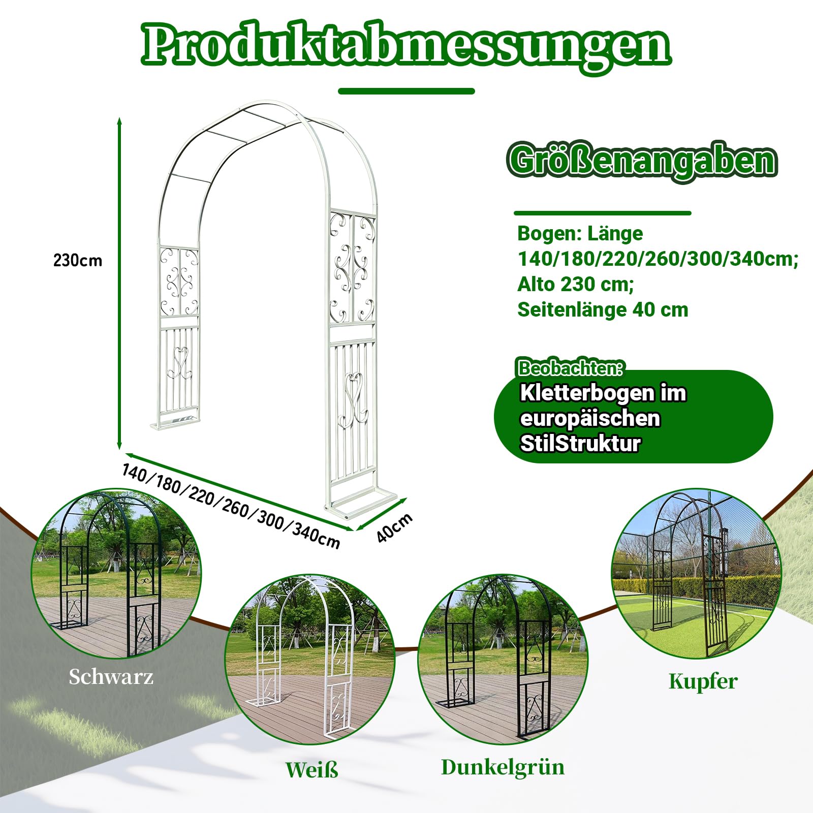 Rosenbogen Torbogen 340x40x230cm, Wetterfest Rosenbogen Metall - Rosenspalier aus PE-beschichteten Metallrohren, Gartenbogen wetterfest & freistehend, Rankbogen für Kletterpflanzen und Rosen