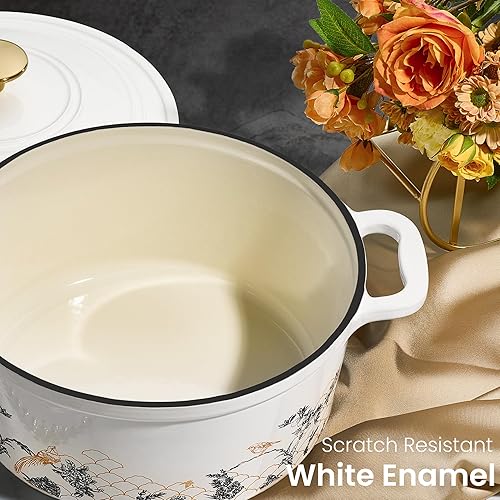 Miniatura 4 de CAROTE Olla de hierro fundido con tapa, horno holandés floral esmaltado de 5 cuartos con caja de regalo, olla de hierro fundido para hornear pan de