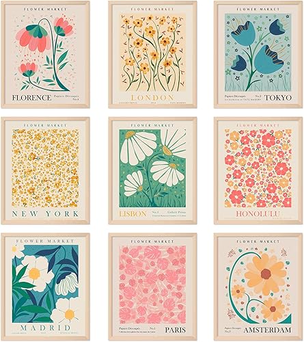 AnyDesign 9 impresiones artísticas de arte de pared de mercado de flores, póster artístico de Matisse, decoración de dibujos florales sin marco,
