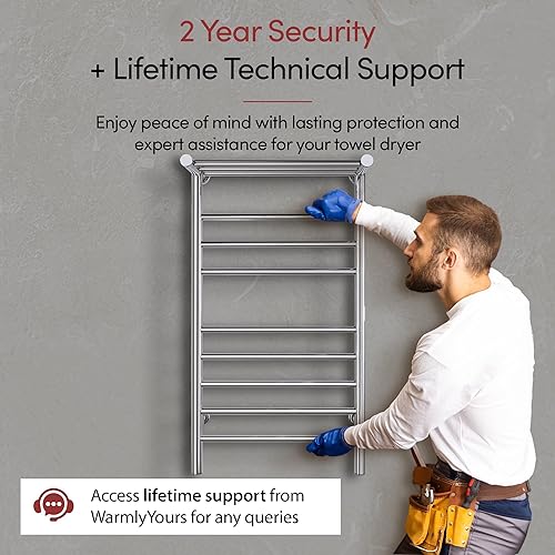Miniatura 7 de WarmlyYours Calentadores de toallas para baño, toallero térmico montado en la pared con estante, 11 barras de acero inoxidable pulido, 20 x 36