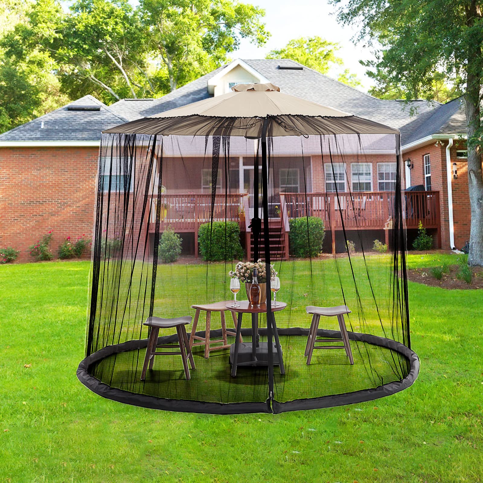 LiveGo Terrassenschirm, Moskitonetz, Polyester-Netzschirm, universeller Schirm, Moskitonetz mit Reißverschluss-Tür und verstellbarem Seil, passend für Outdoor-Regenschirme und Terrassentische