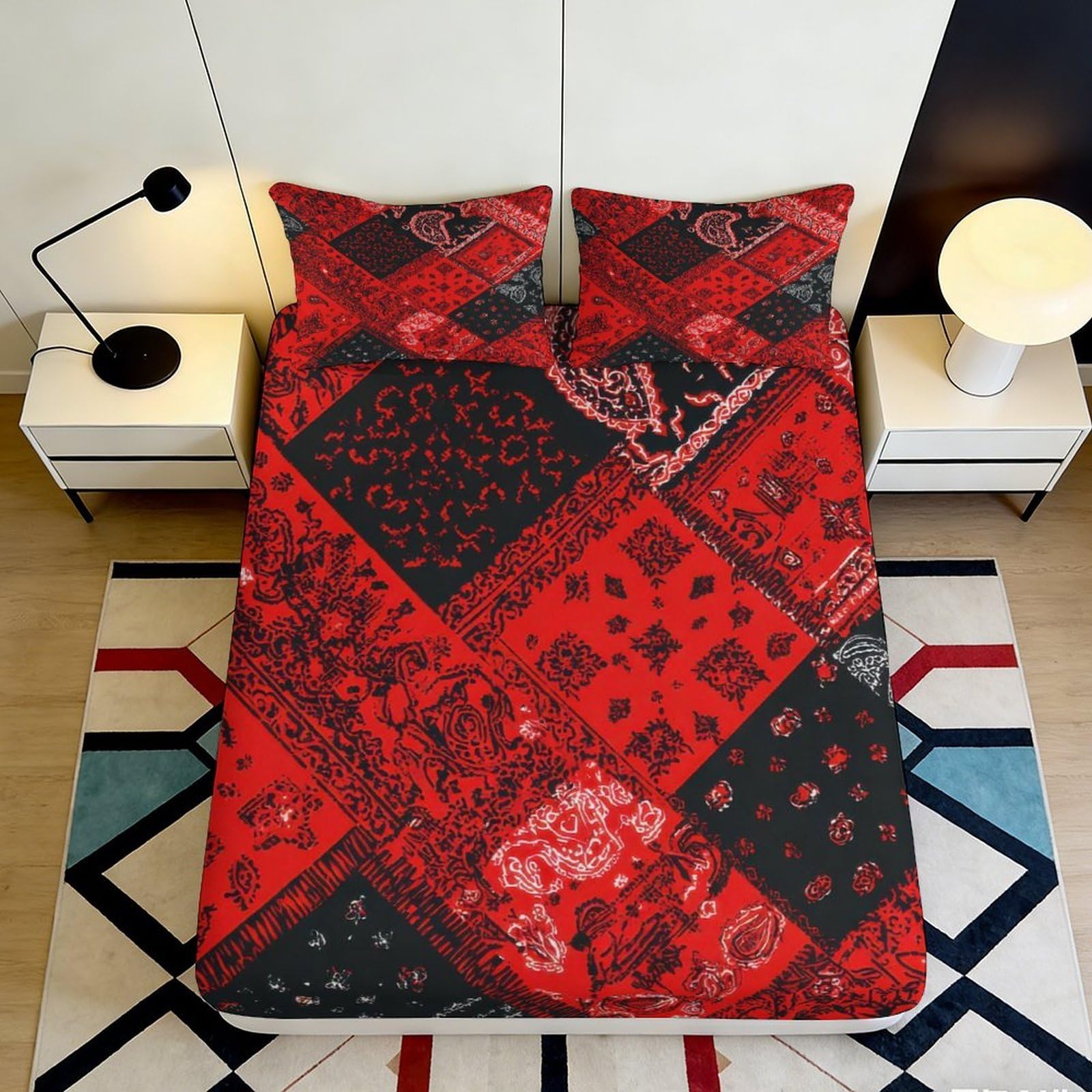 3D Printed Red Patchwork Fitted Sheet Microfiber Soft Breathable Paisley Bed Cover for Bedroom Guest Room Decor 90x200x25cm